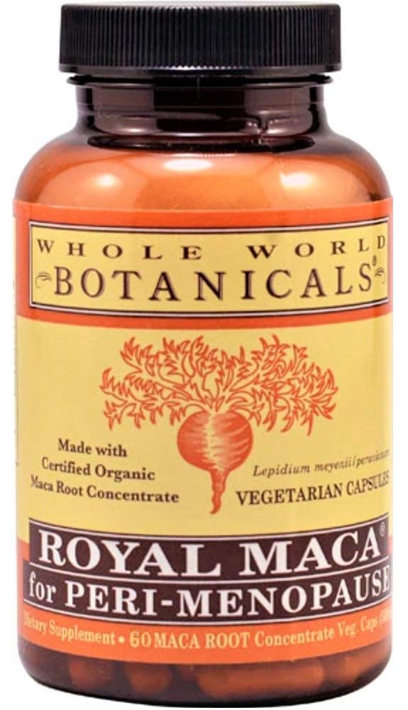 Whole World Botanicals Royal Maca peri-menopause bottle front for balanced energy