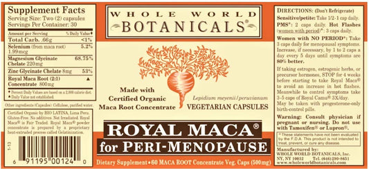 Royal Maca bottle label highlights organic sourcing and gluten-free formula