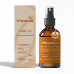 WholeNest postpartum spray bottle front showing gentle birth recovery.