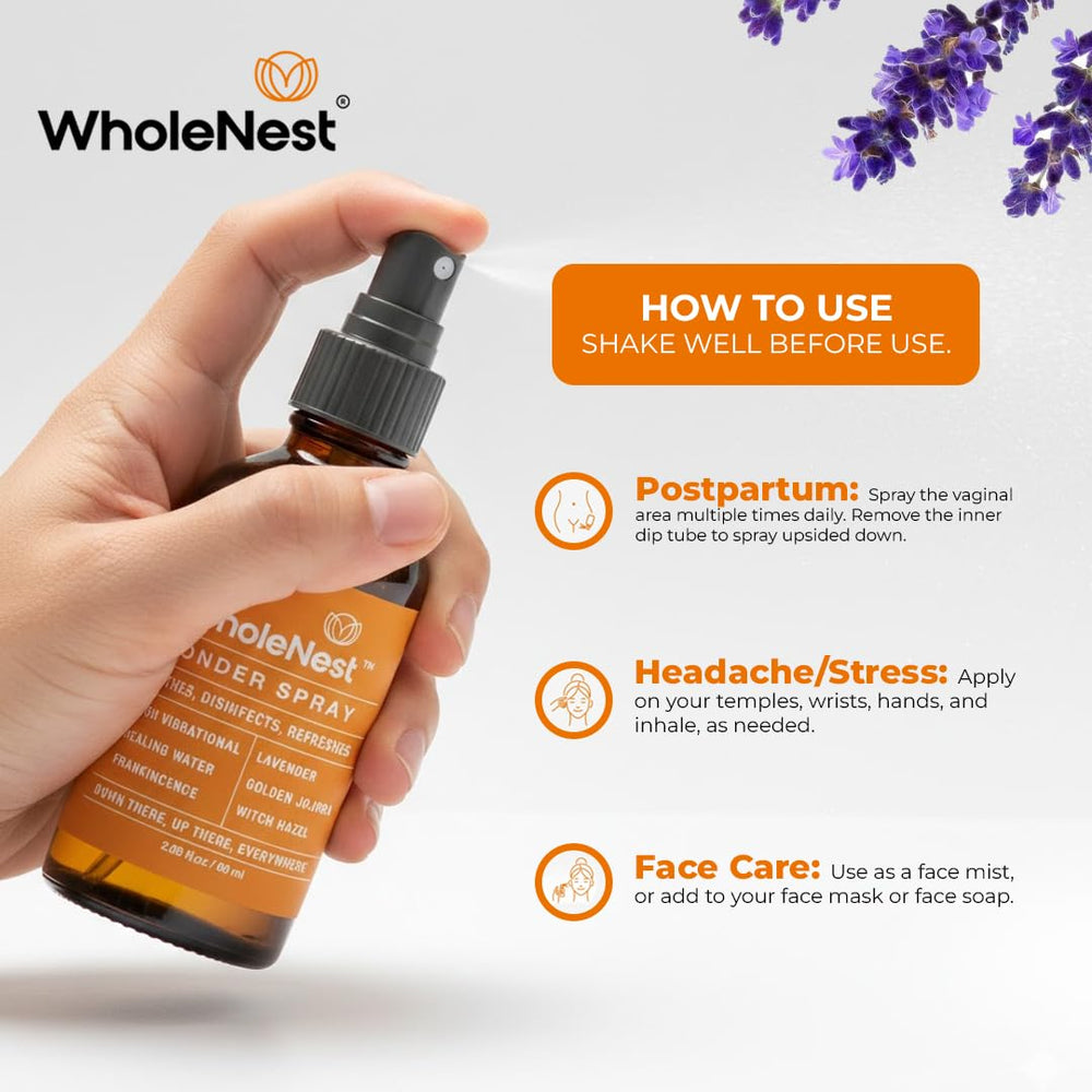 WholeNest Witch Hazel Lavender Perineal Spray soothes irritation after childbirth.