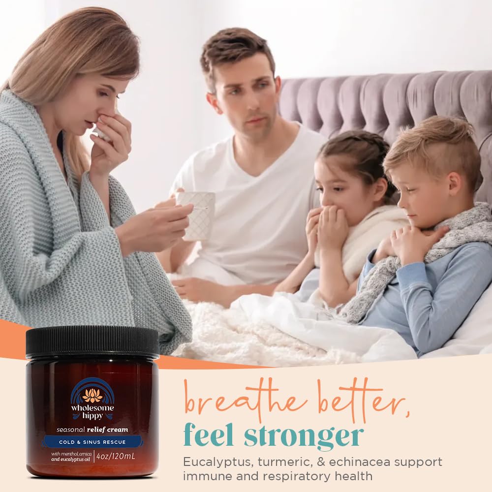 Wholesome Hippy balm with shea, cocoa, mango butters for skin nourishment.
