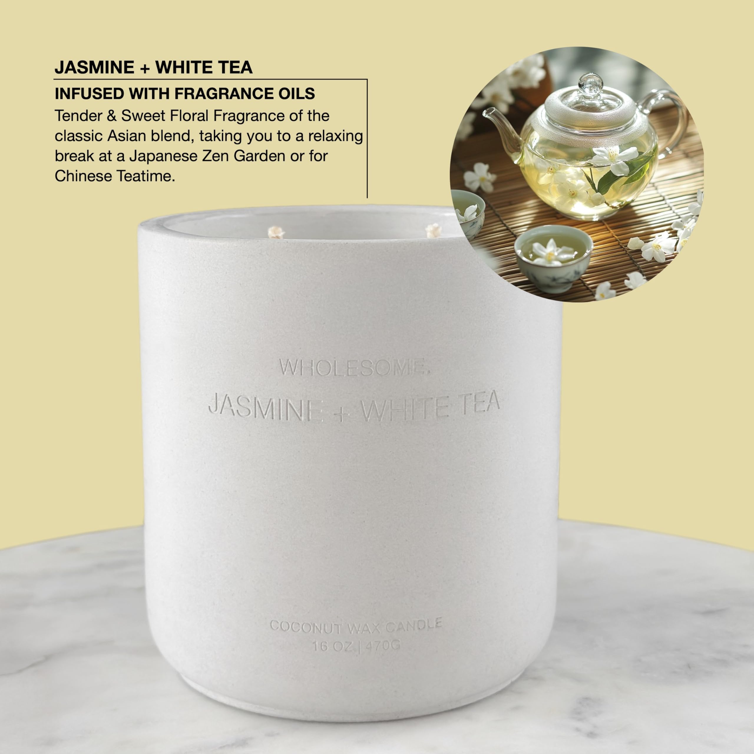 WHOLESOME Jasmine White Tea candle in a concrete jar creates a refined home aroma.