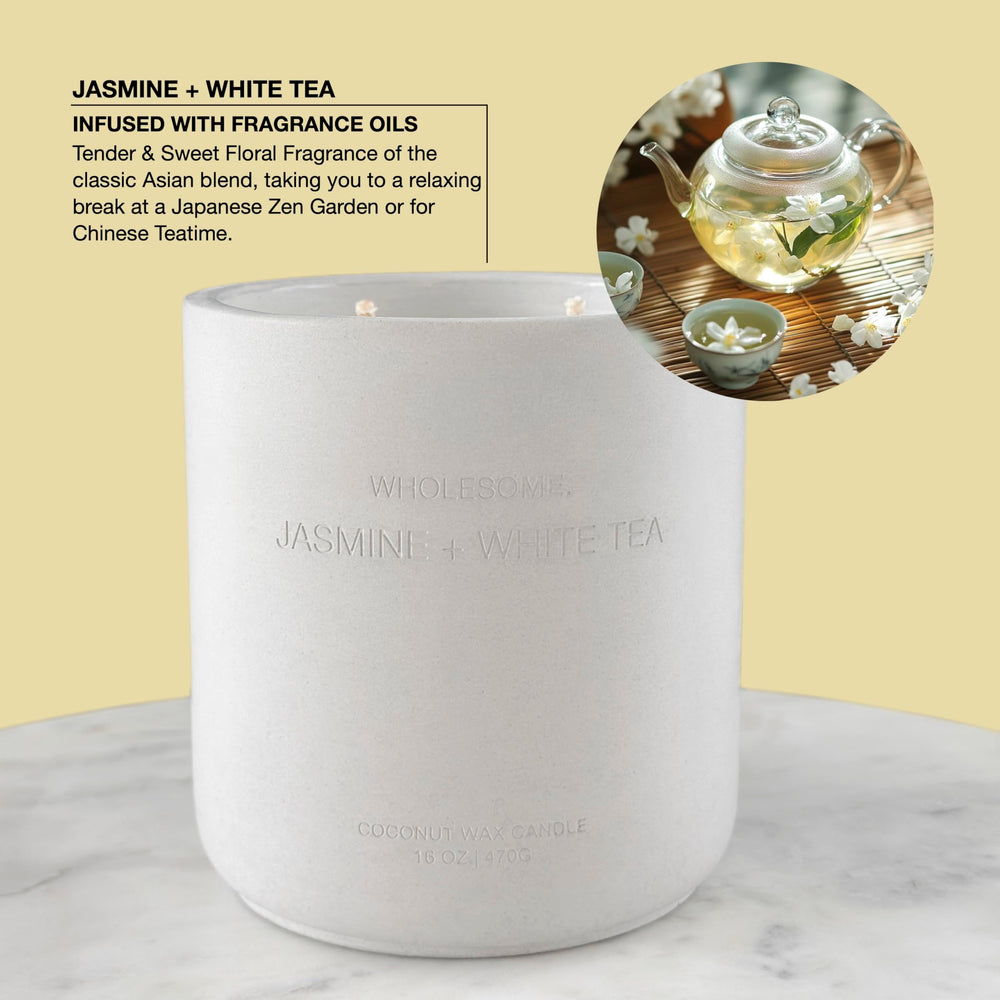 WHOLESOME Jasmine White Tea candle in a concrete jar creates a refined home aroma.