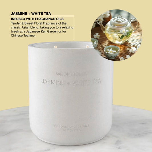 WHOLESOME Jasmine White Tea candle in a concrete jar creates a refined home aroma.