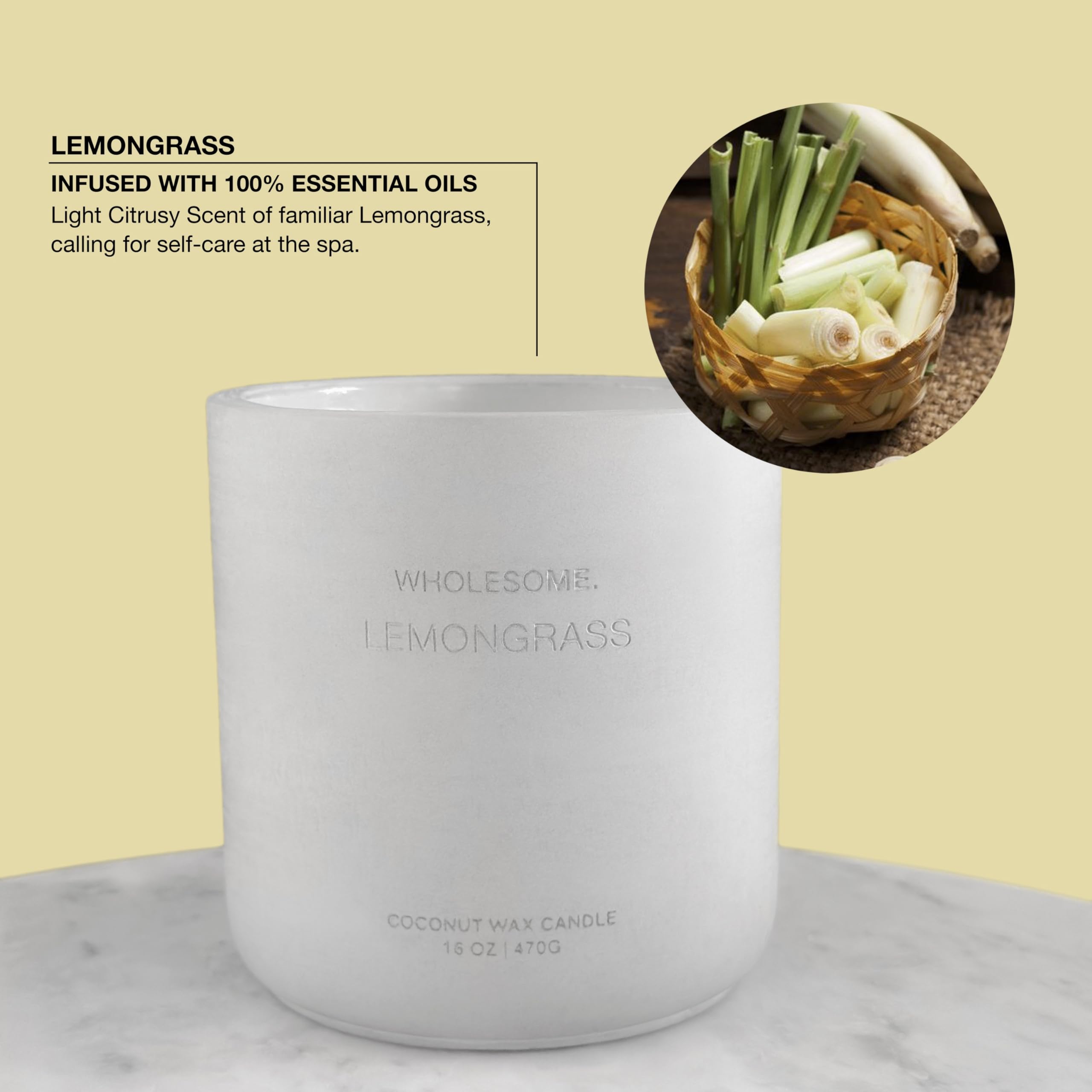 WHOLESOME Lemongrass candle with two wicks for even burn and extended fragrance.