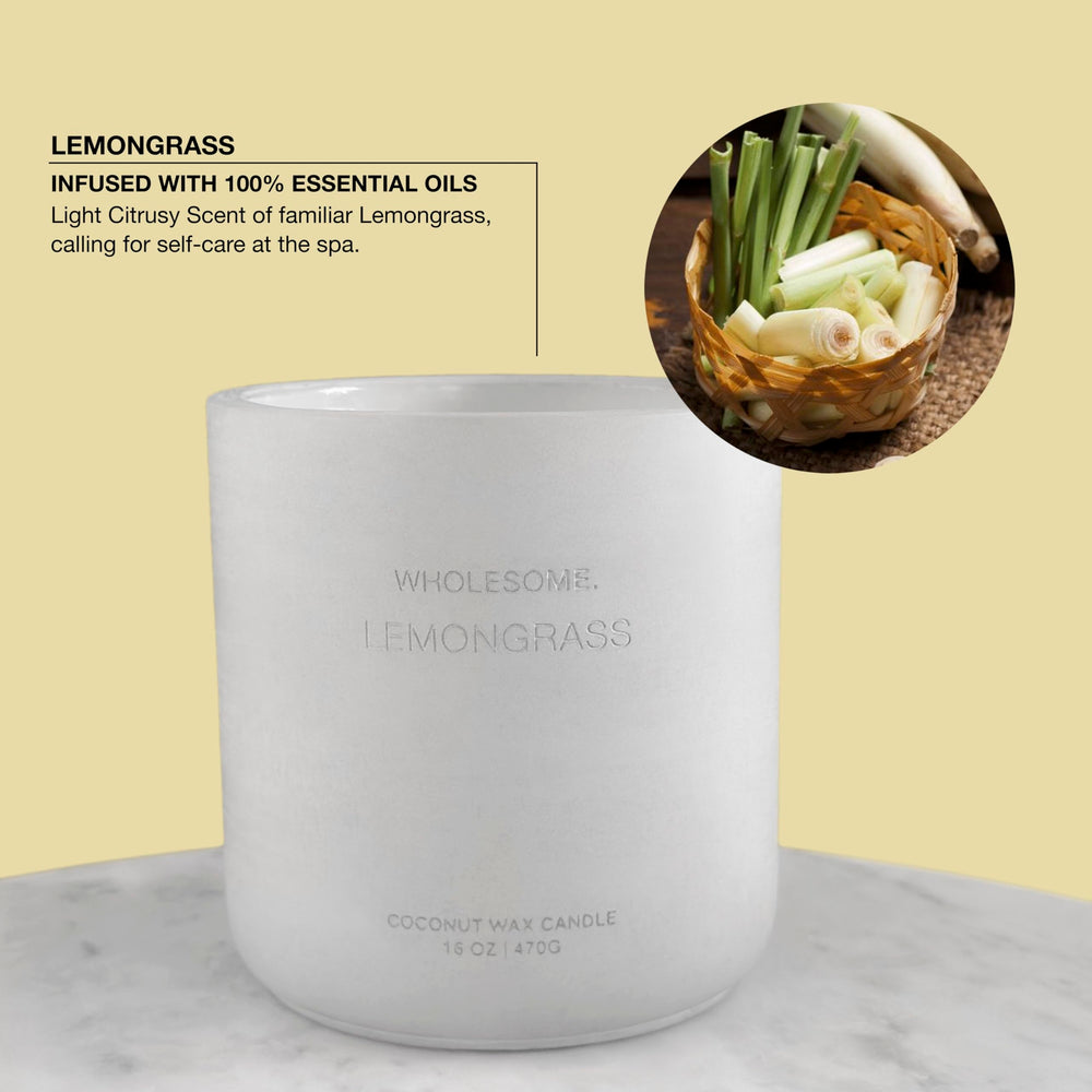 WHOLESOME Lemongrass candle with two wicks for even burn and extended fragrance.