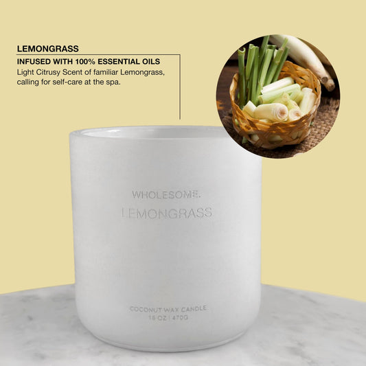 WHOLESOME Lemongrass candle with two wicks for even burn and extended fragrance.