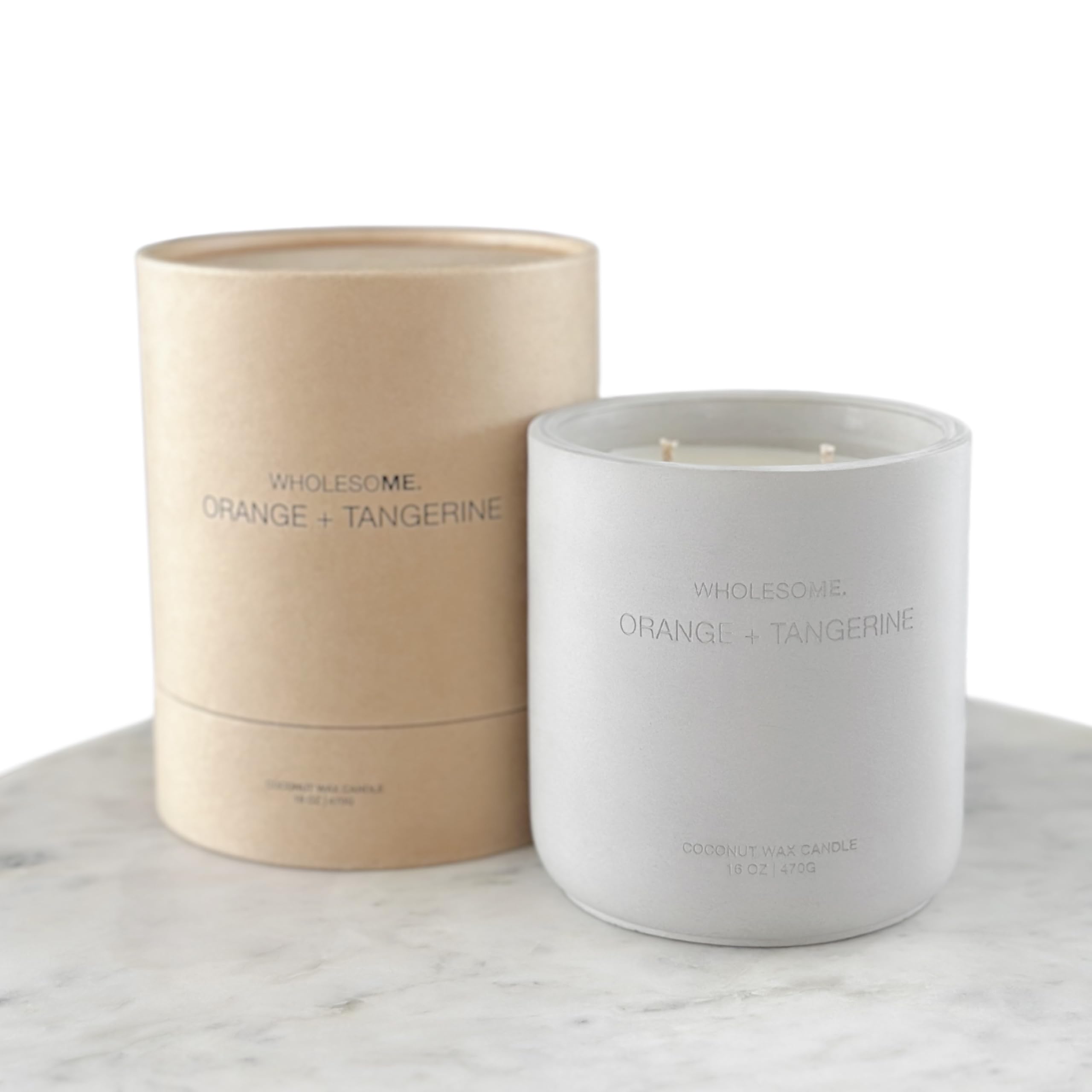 WHOLESOME Orange Tangerine candle in concrete jar closeup highlighting clean burn and scent