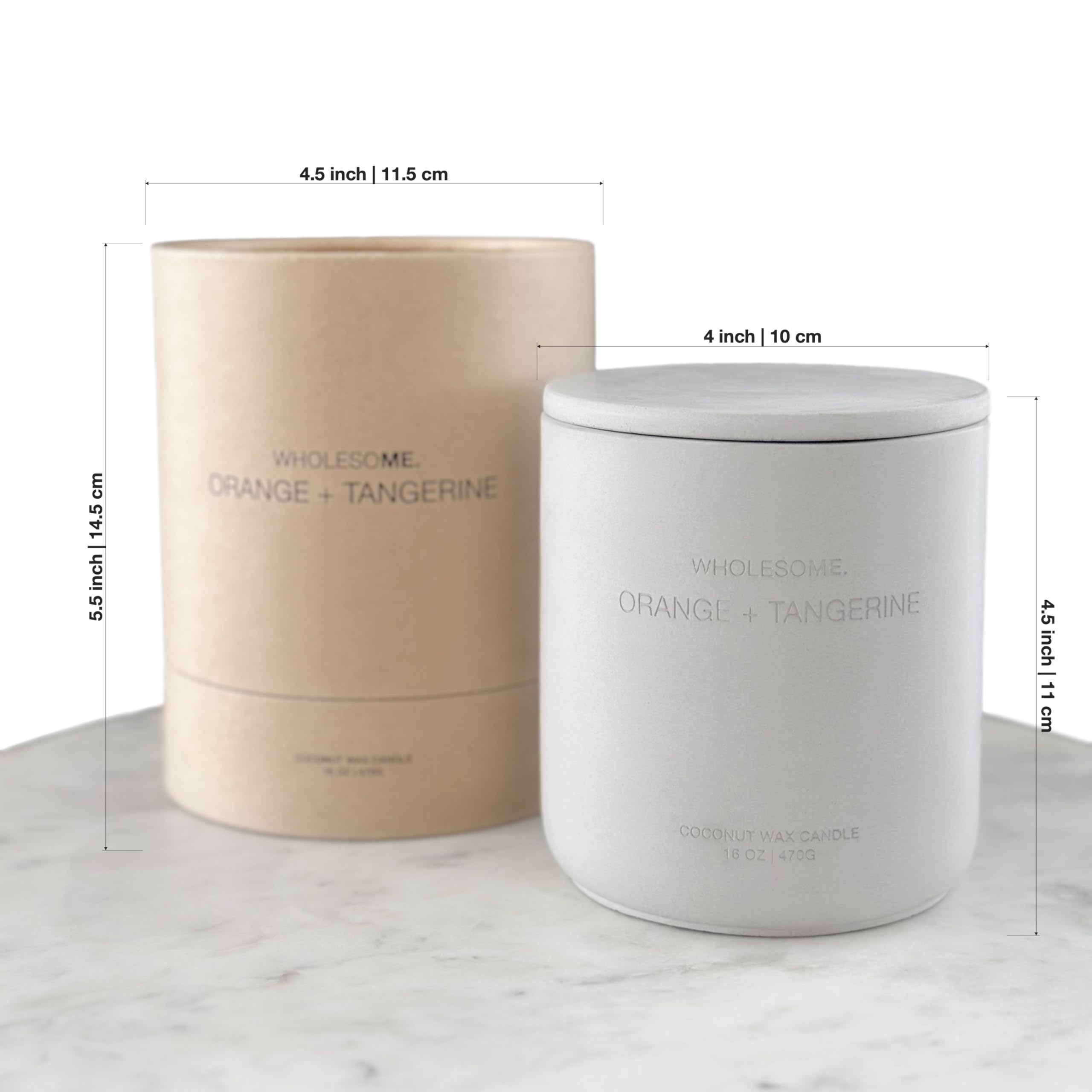 Overview of WHOLESOME orange-tangerine candle in concrete jar