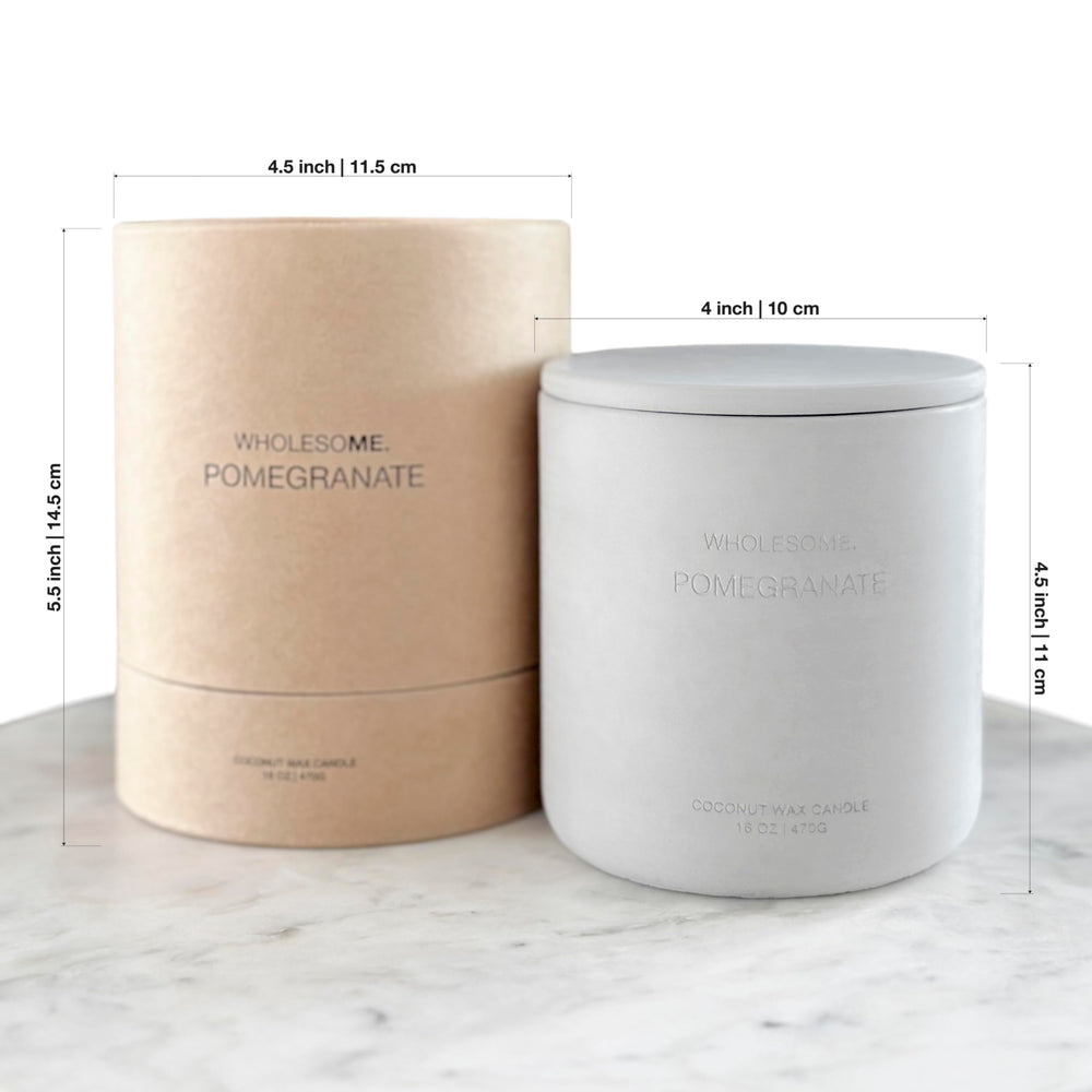 WHOLESOME Pomegranate candle label shows quality ingredients and clean burn.