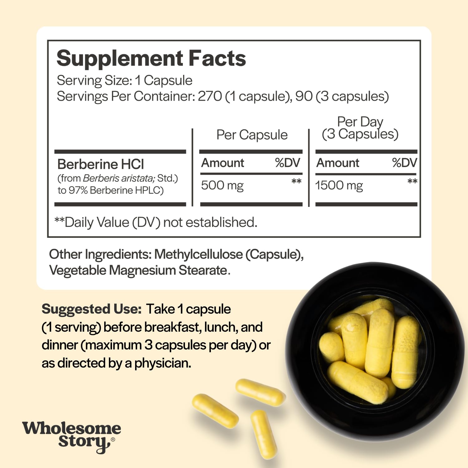 Wholesome Story Berberine vegan capsules inside a bottle emphasize clean label