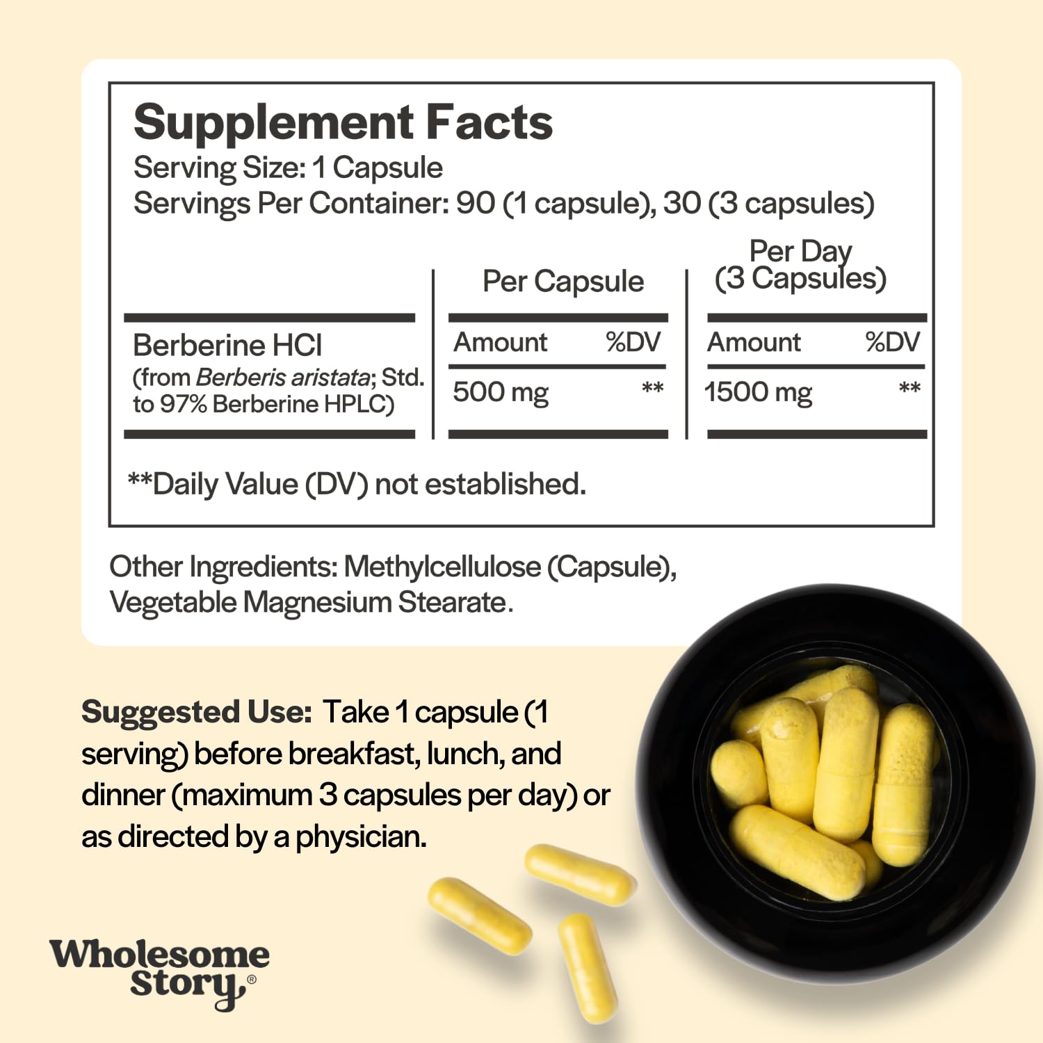 Wholesome Story Clean Label certification badge on Berberine packaging.