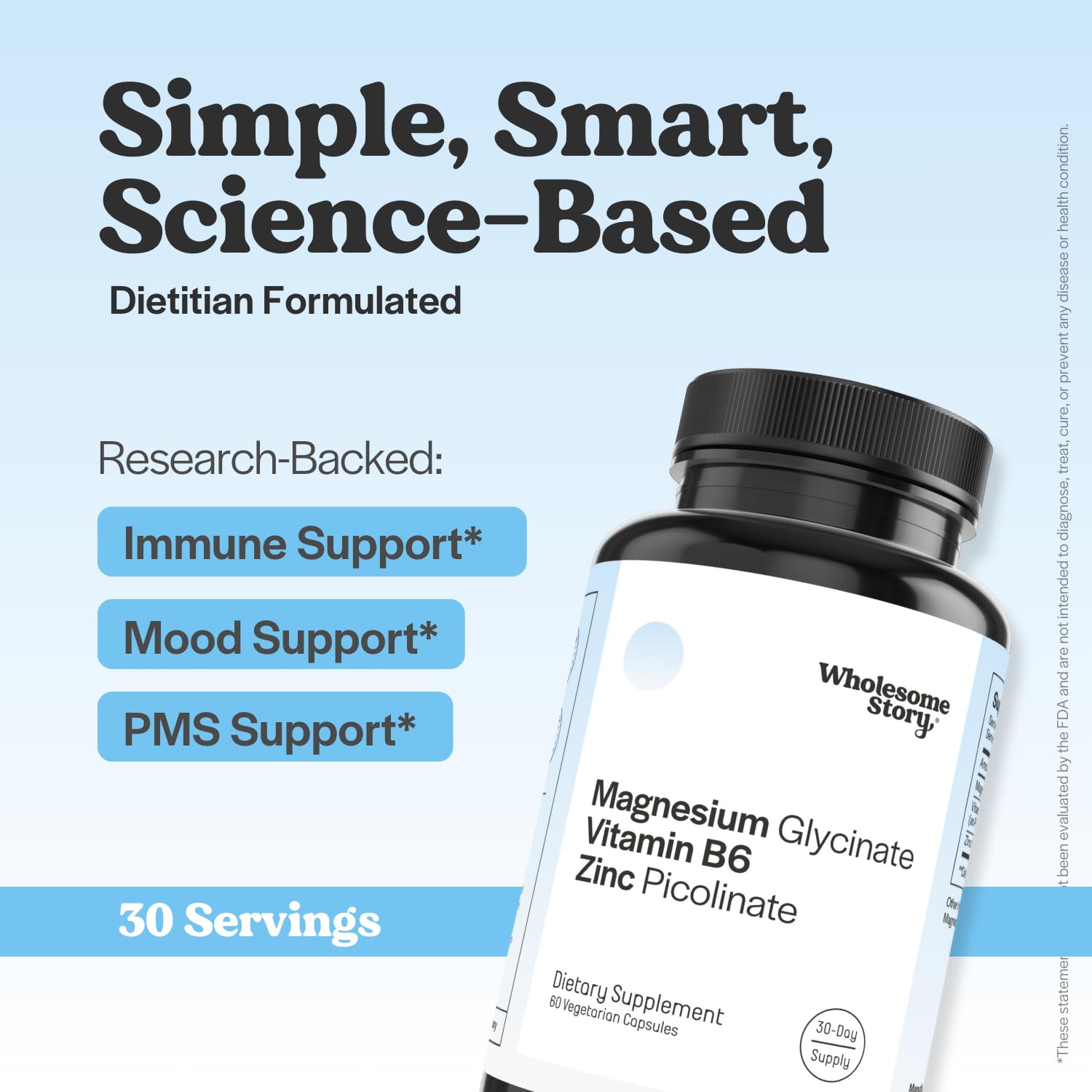 Wholesome Story magnesium glycinate bottle promotes calm mood and relaxation.