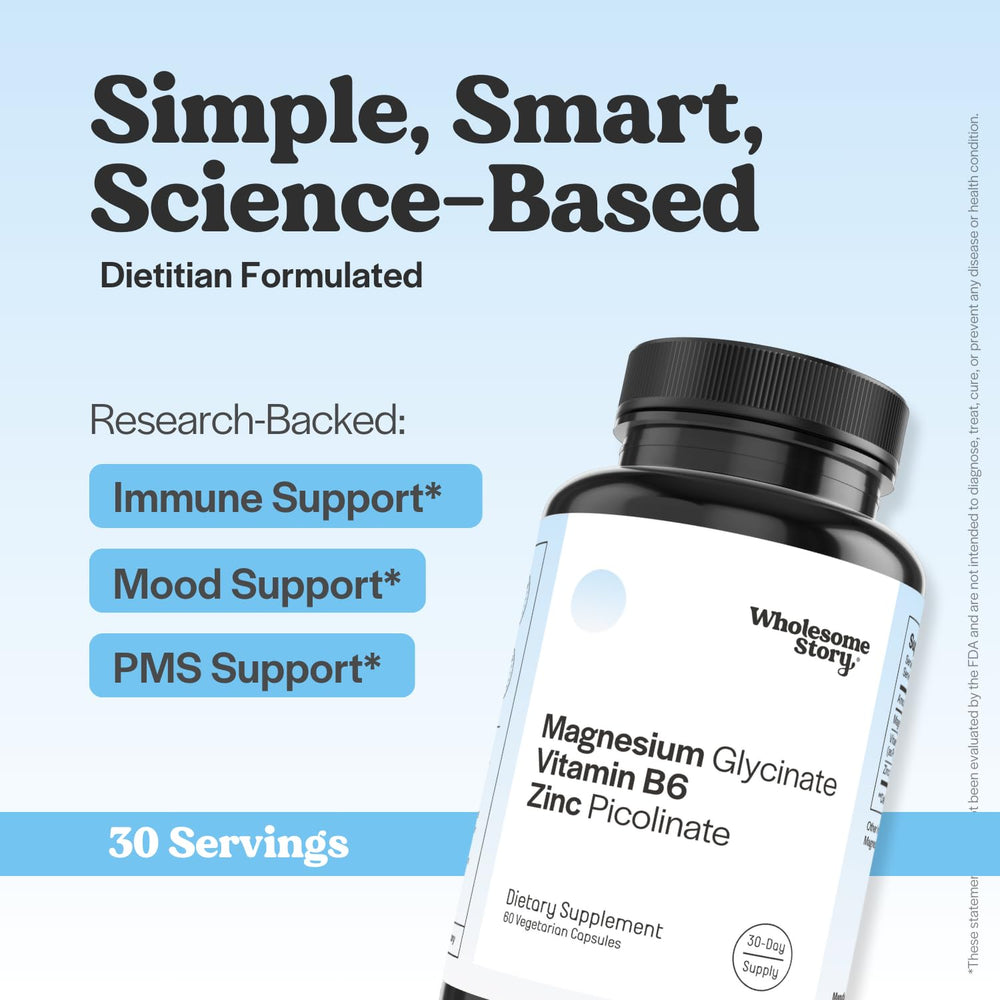Wholesome Story magnesium glycinate bottle promotes calm mood and relaxation.