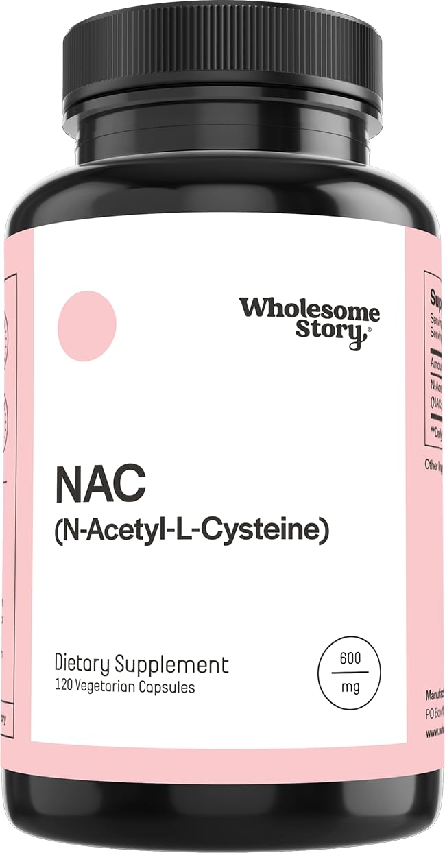 Wholesome Story NAC 600 mg bottle close-up showing label and capsule texture for antioxidant support