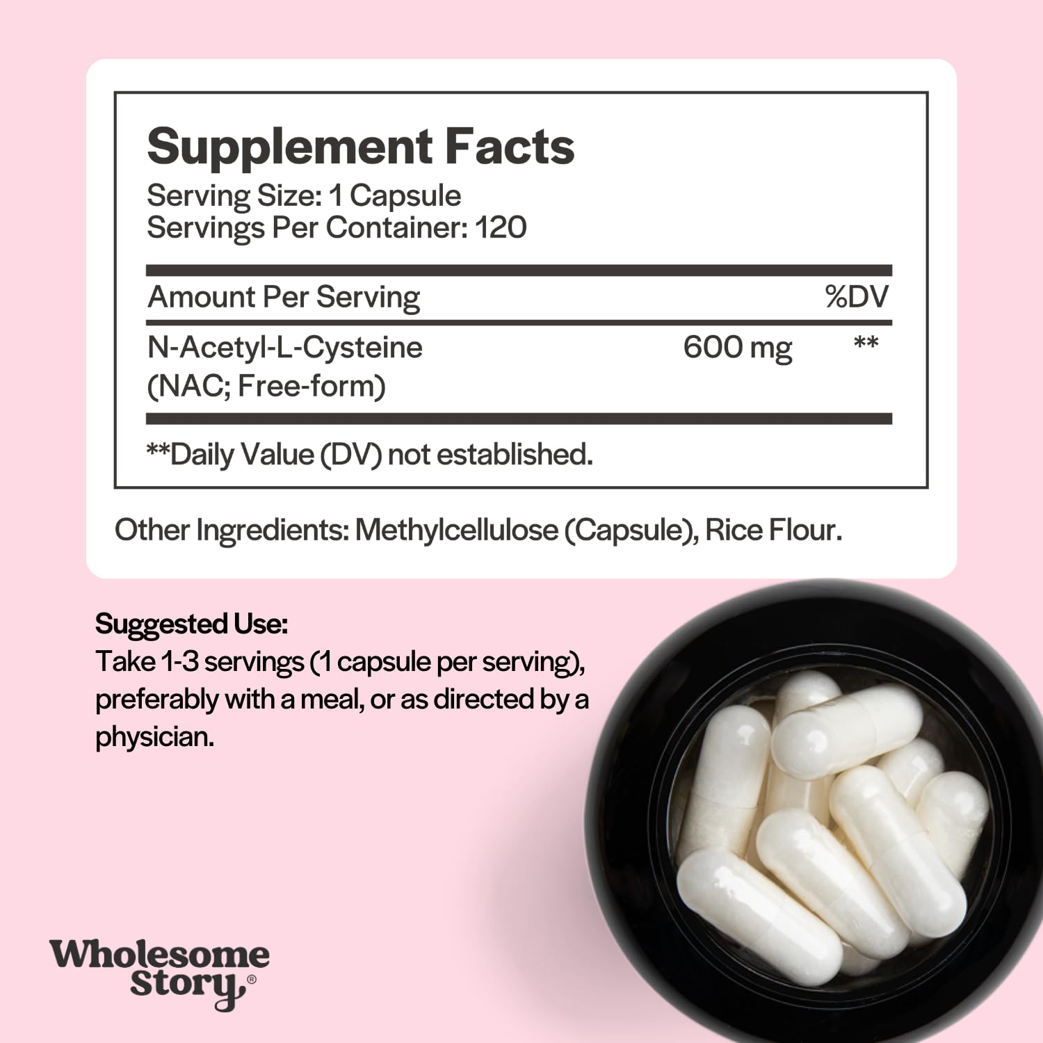 Wholesome Story NAC label detail highlights 600 mg per serving and vegan ingredients