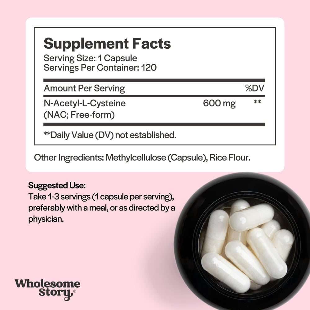 Wholesome Story NAC label detail highlights 600 mg per serving and vegan ingredients