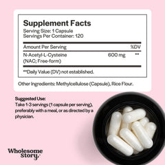 Wholesome Story NAC label detail highlights 600 mg per serving and vegan ingredients