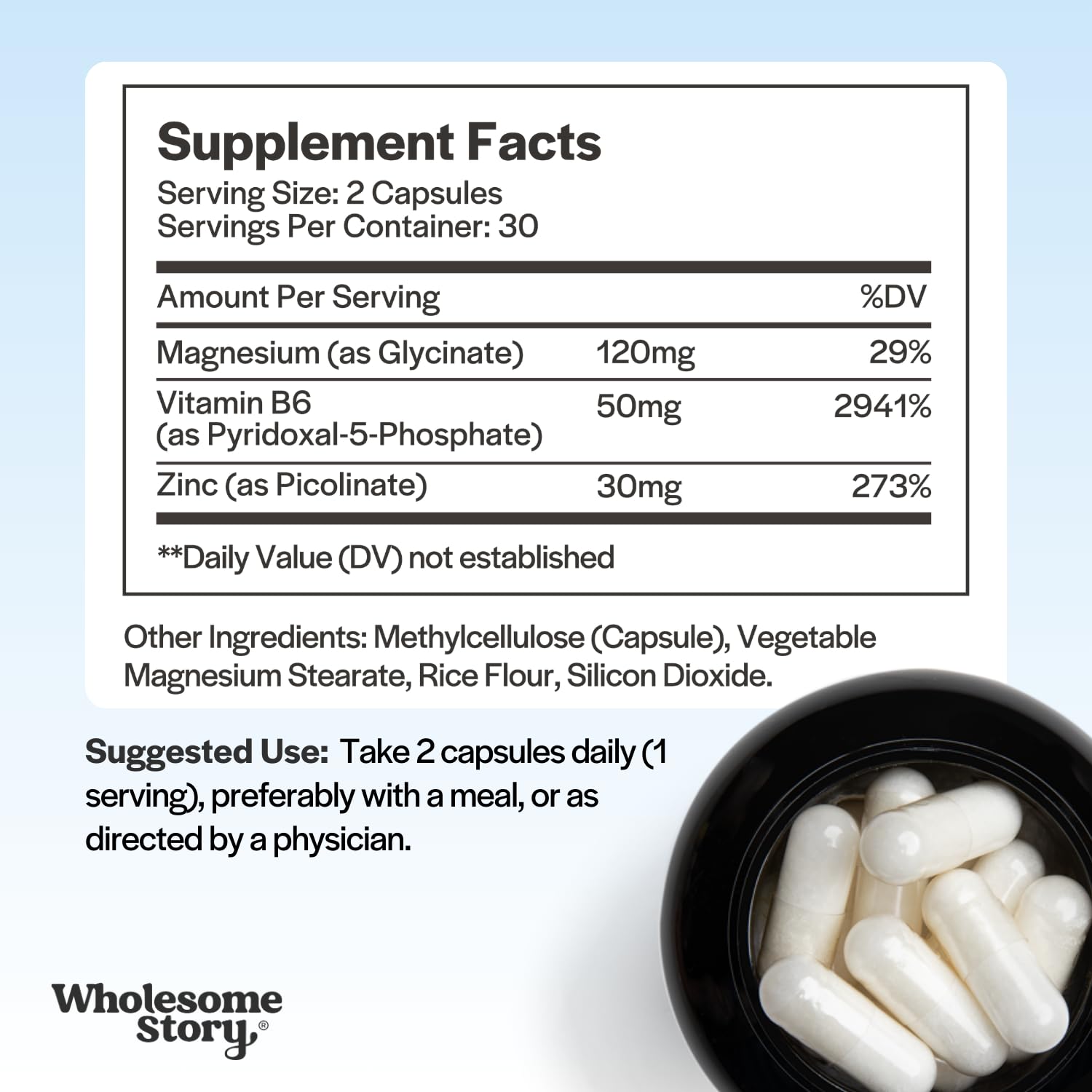 Wholesome Story P5P vitamin B6 capsules support mood balance and energy.