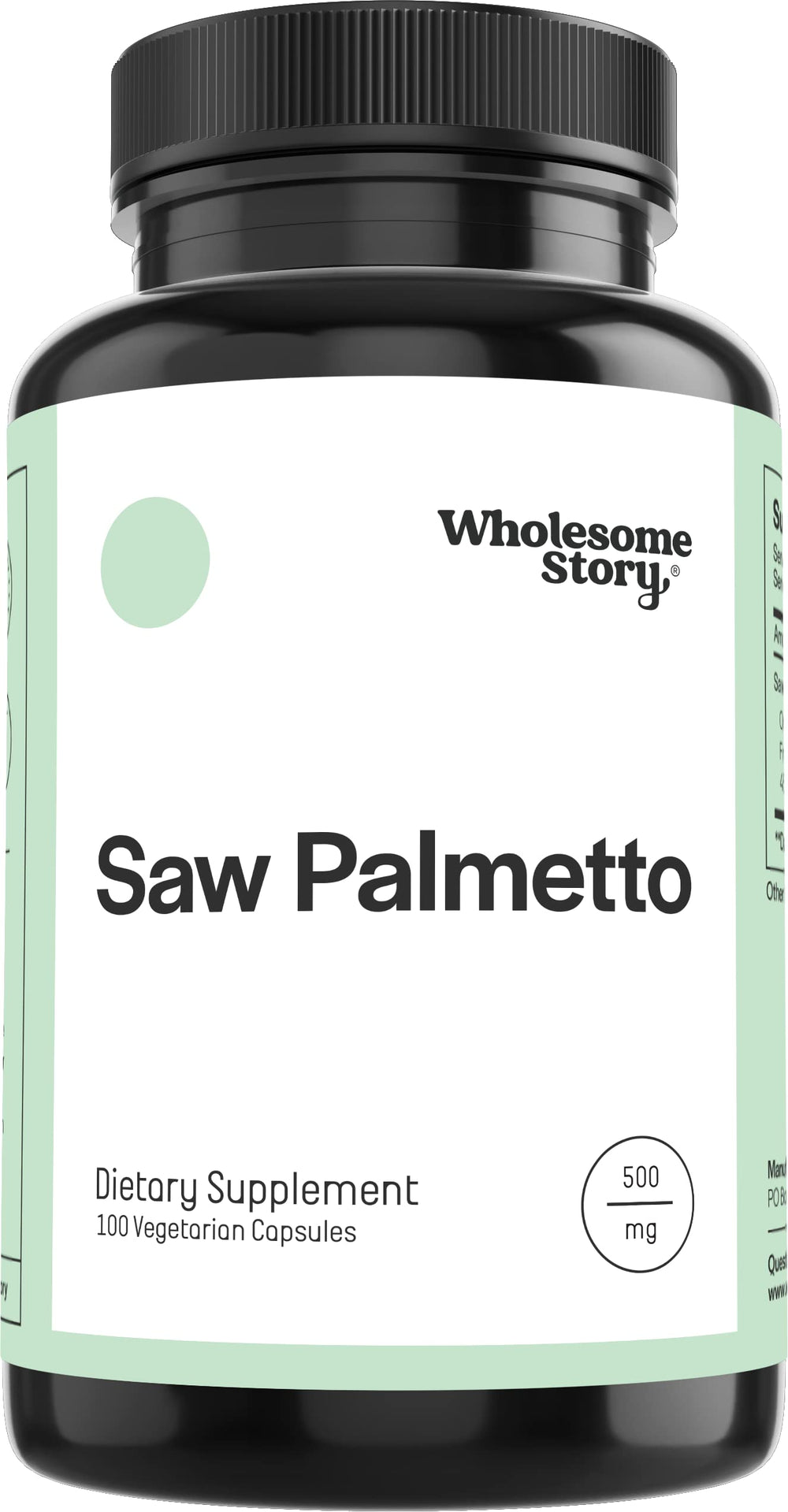 Wholesome Story Saw Palmetto bottle with 500mg capsules for hormonal balance support.