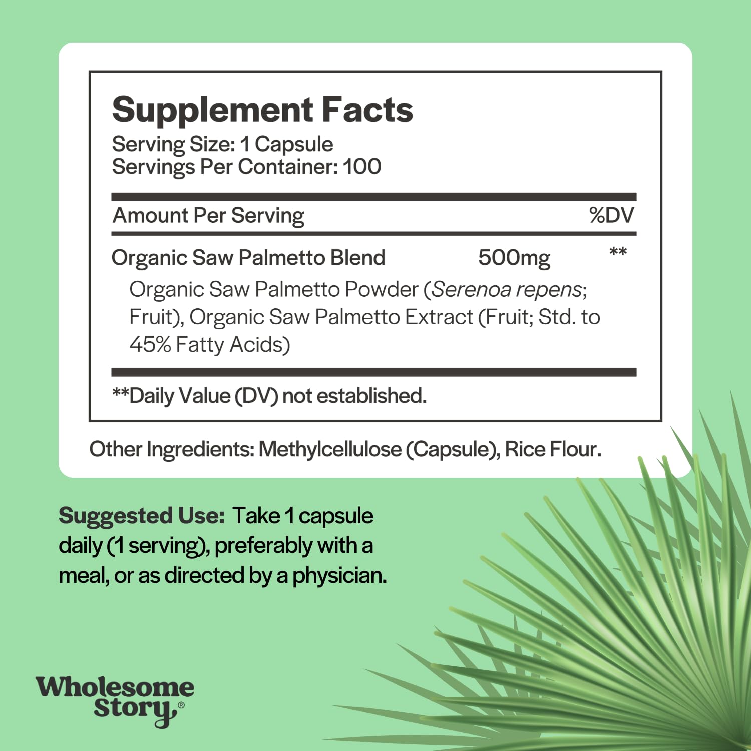Wholesome Story Saw Palmetto label highlighting Clean Label Project certification.