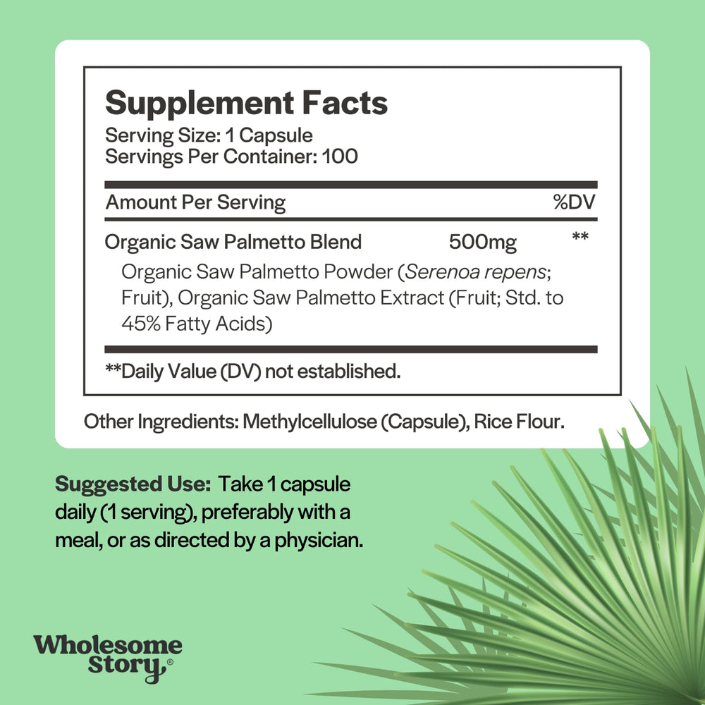 Wholesome Story Saw Palmetto label highlighting Clean Label Project certification.