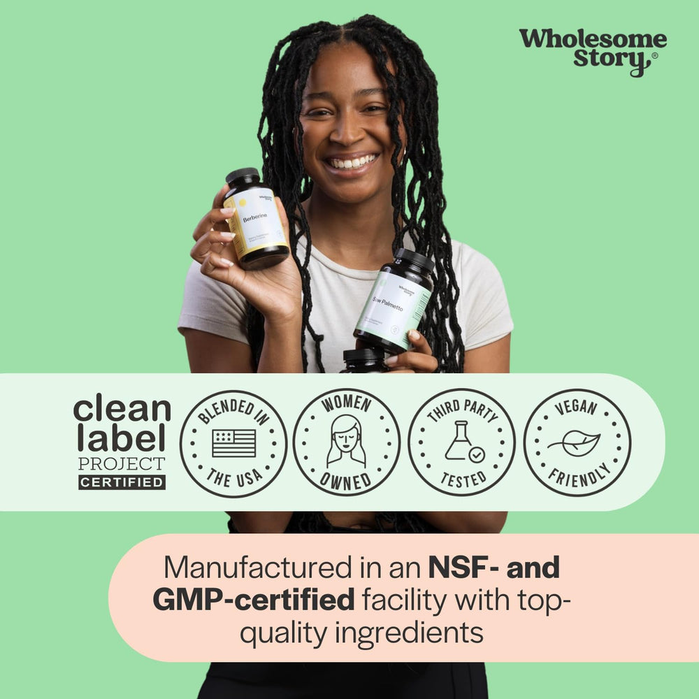 Wholesome Story Saw Palmetto packaging box and bottle emphasizing vegan, dye-free formula.