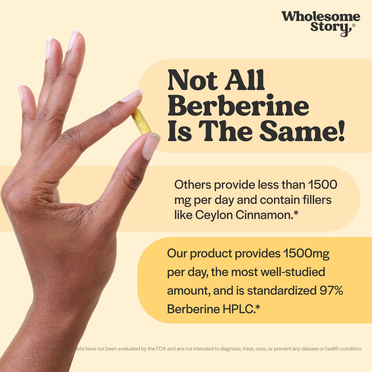 Wholesome Story vegan berberine capsules on bottle showing plant-based formula.