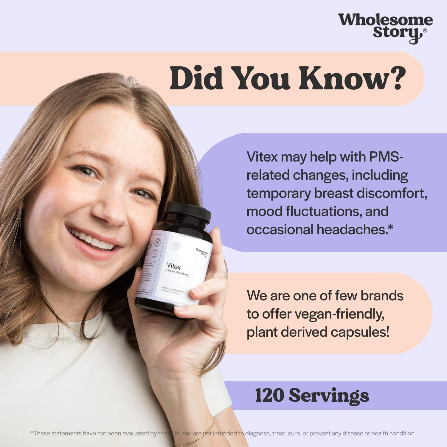 Wholesome Story Vitex bottle open with capsules visible for daily balance.