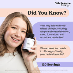 Wholesome Story Vitex bottle open with capsules visible for daily balance.