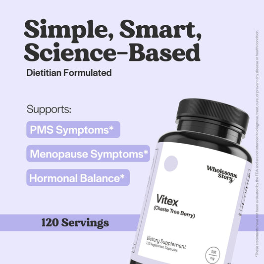 Wholesome Story Vitex capsules close-up showing vegan, plant-based formula.