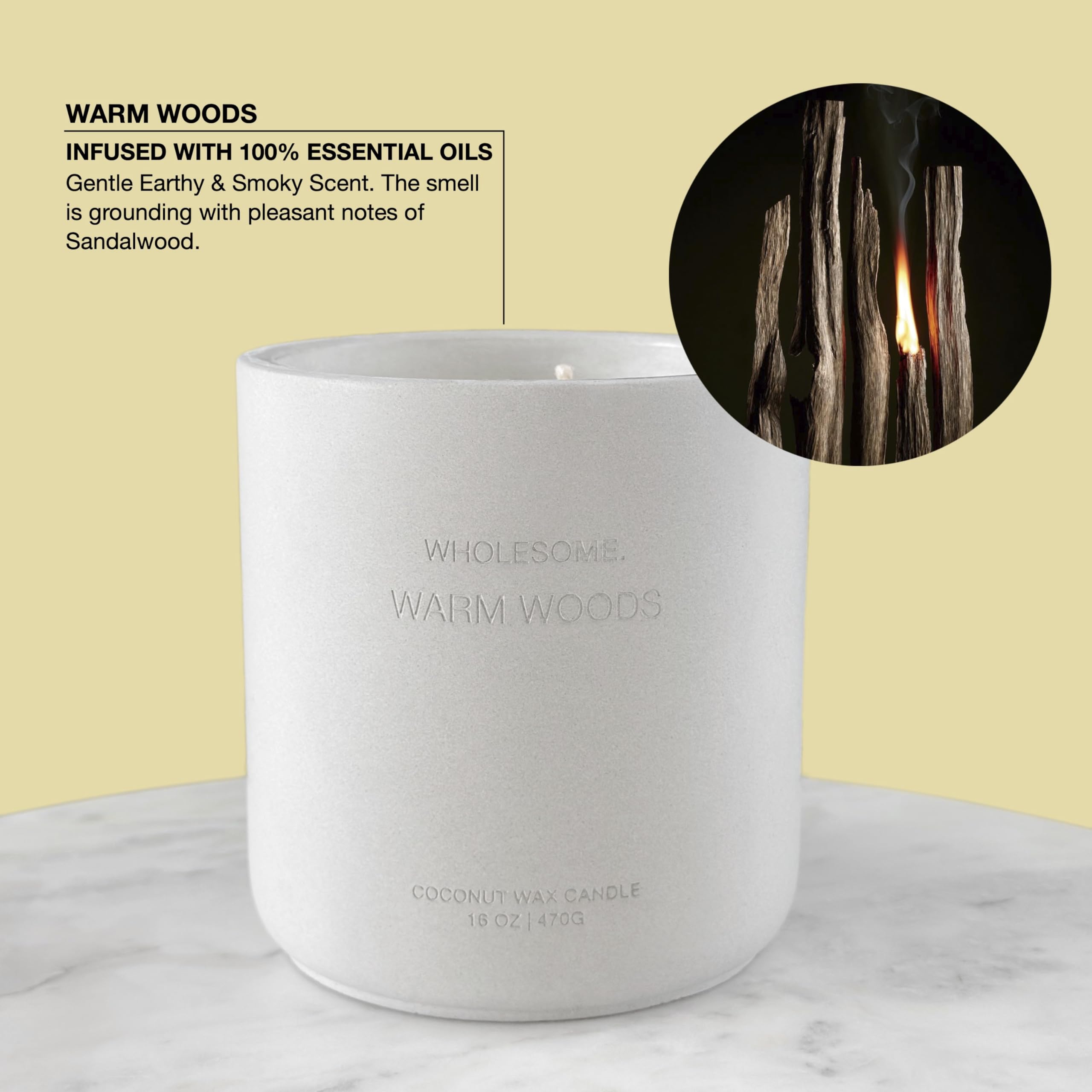 WHOLESOME Warm Woods candle in room ambiance showing stylish decor.