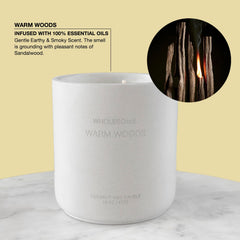 WHOLESOME Warm Woods candle in room ambiance showing stylish decor.