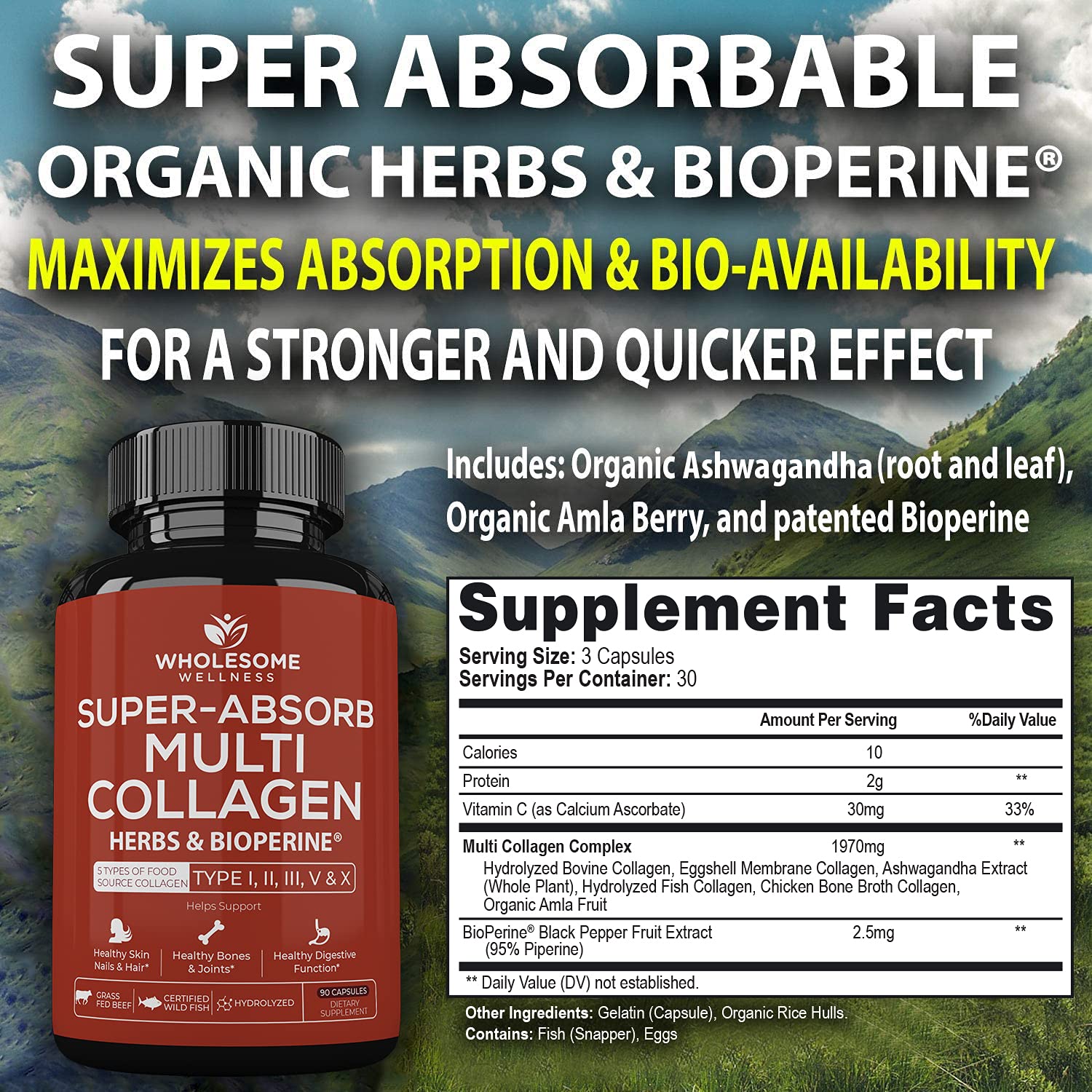 Wholesome Wellness capsules close-up highlighting multi-type collagen for hair and nails.