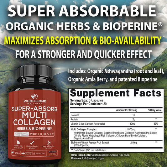 Wholesome Wellness capsules close-up highlighting multi-type collagen for hair and nails.