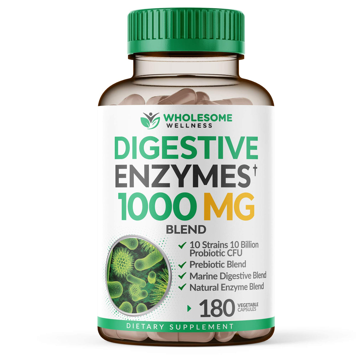 Wholesome Wellness Digestive Enzymes bottle supports post-meal digestion