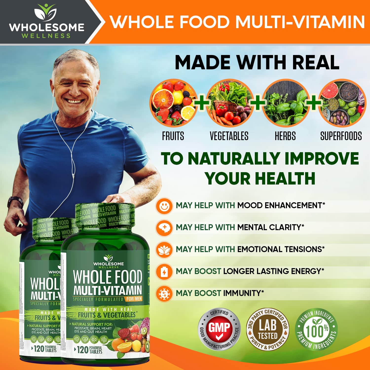 Wholesome Wellness multivitamin label highlights natural ingredients and vitamin sources