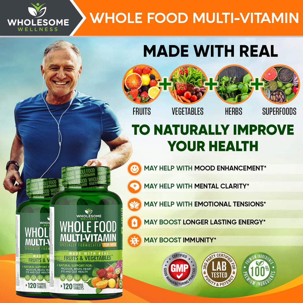 Wholesome Wellness multivitamin label highlights natural ingredients and vitamin sources