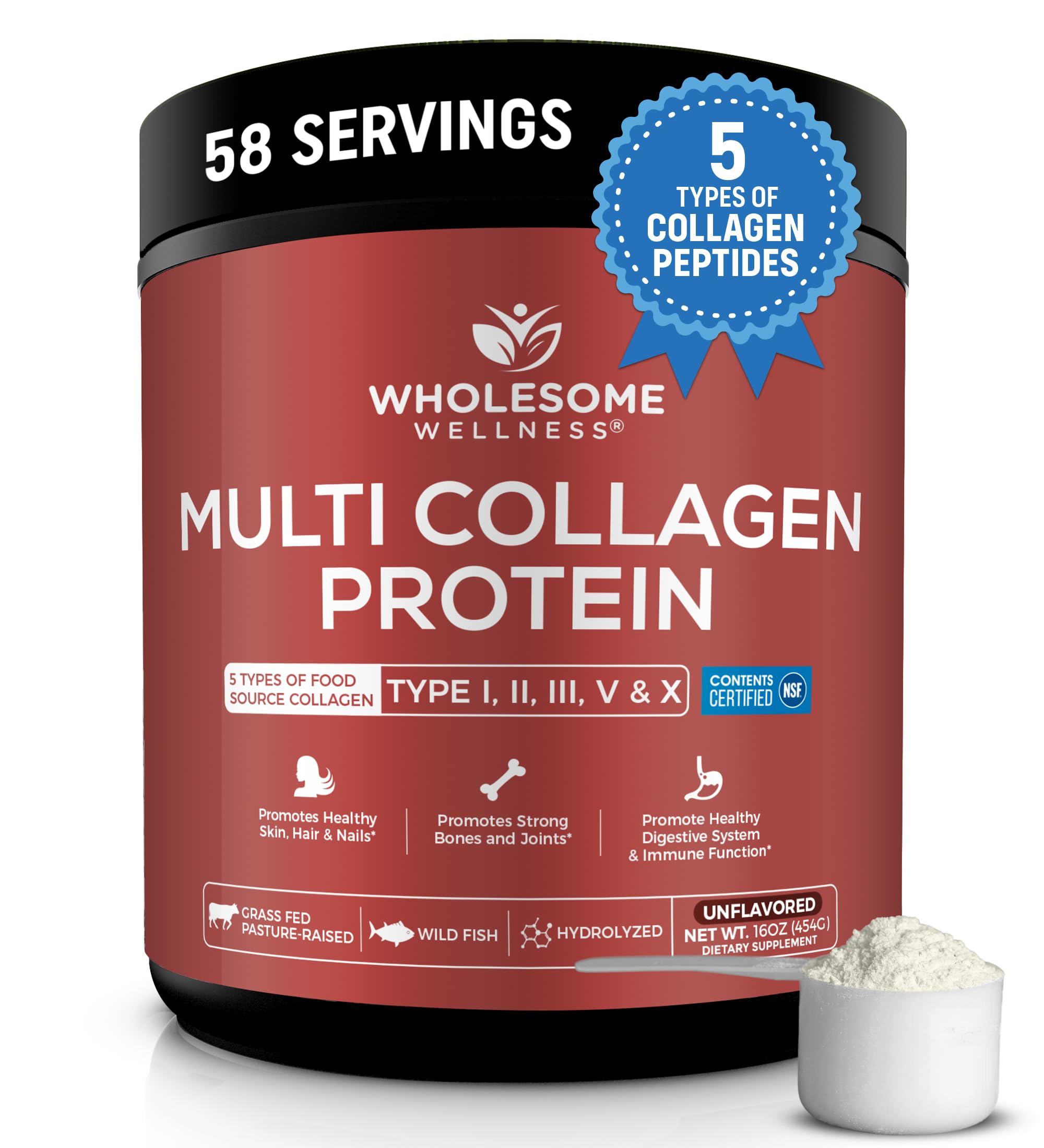 Wholesome Wellness Premium Multi Collagen bottle pour for easy daily use.