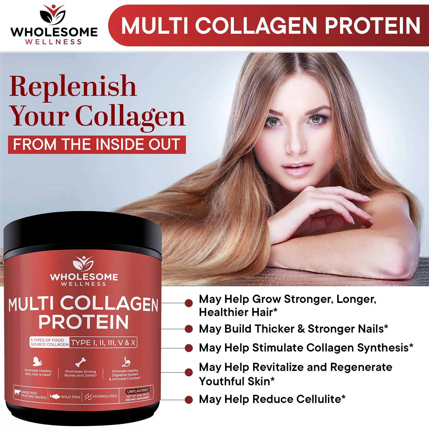 Wholesome Wellness Premium Multi Collagen eggshell membrane focus suggests added collagen variety.