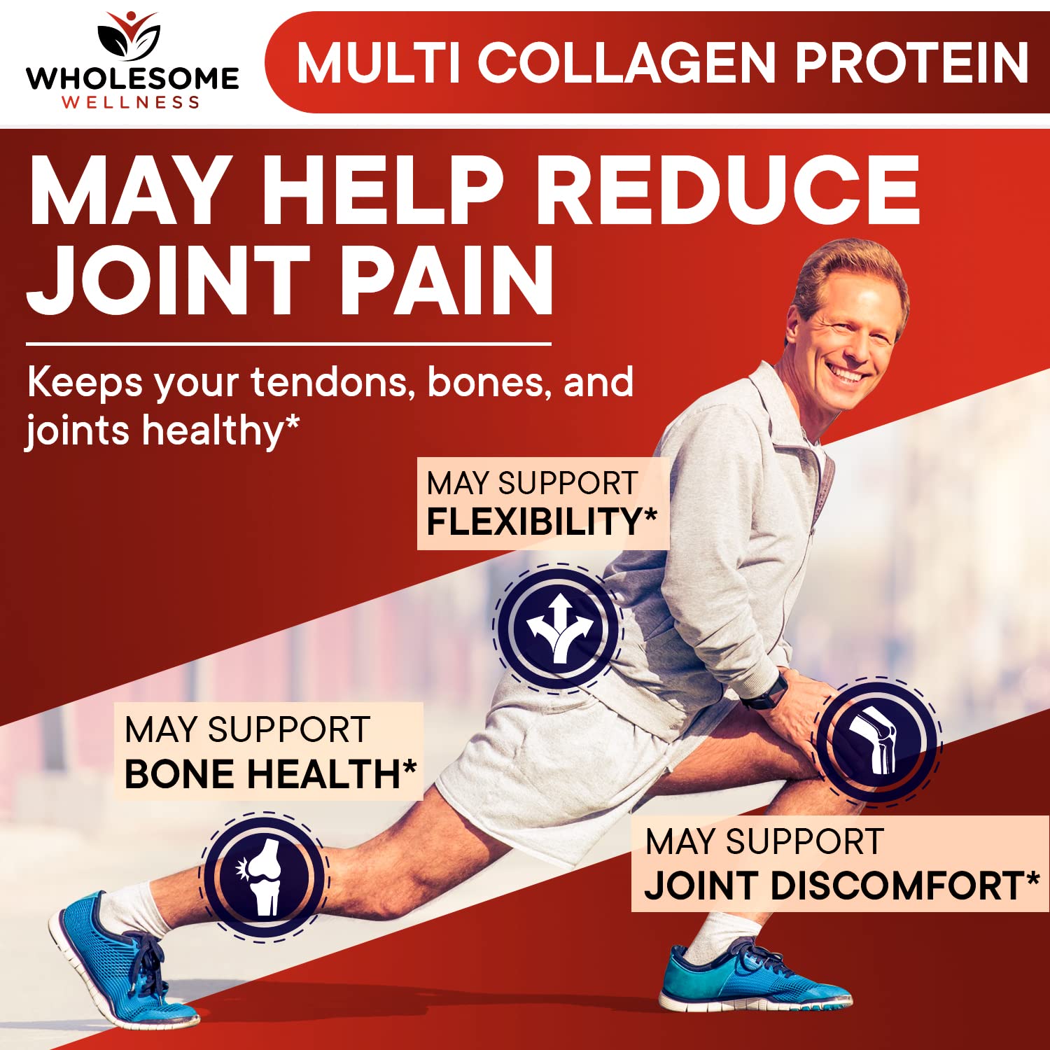 Wholesome Wellness Premium Multi Collagen joint-support visual conveys flexible movement.