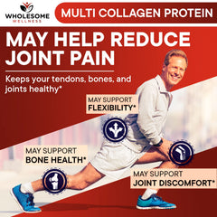 Wholesome Wellness Premium Multi Collagen joint-support visual conveys flexible movement.