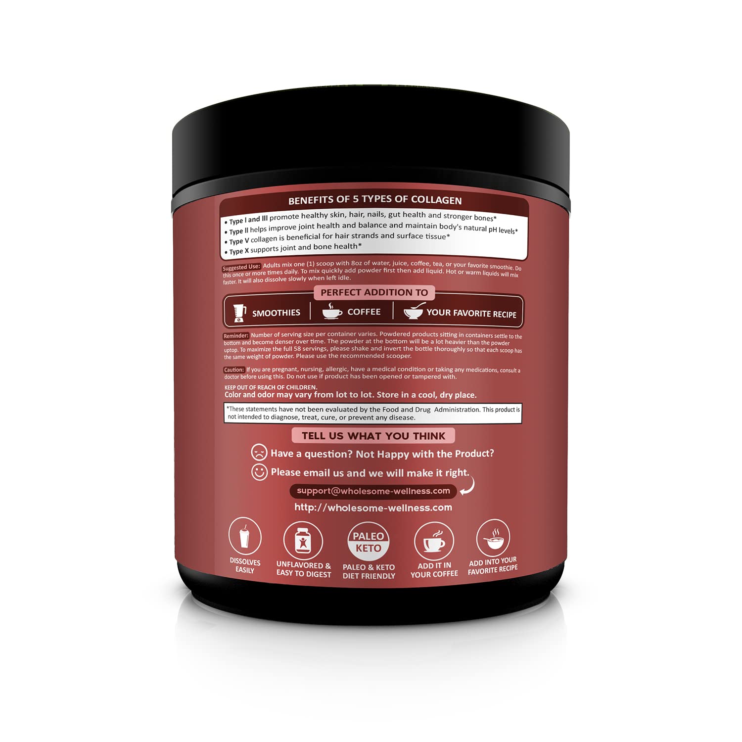Wholesome Wellness Premium Multi Collagen powder in glass with water demonstrates smooth blend.