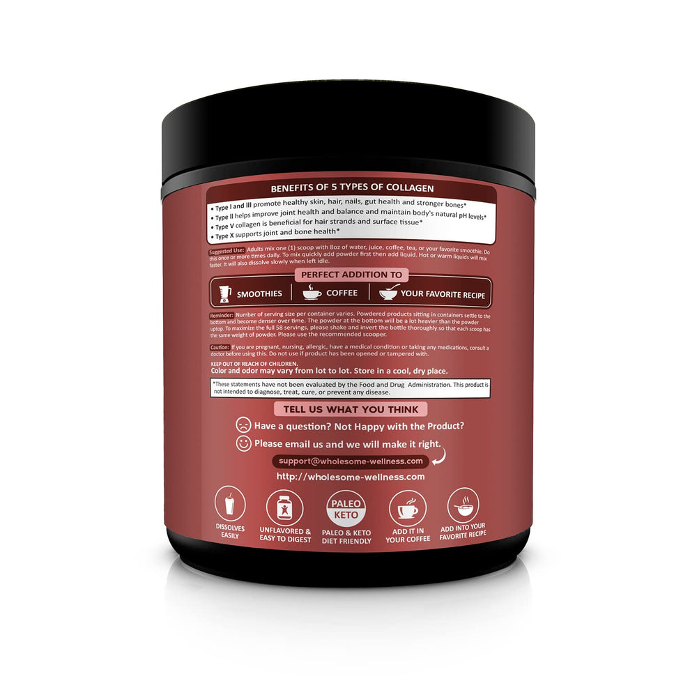 Wholesome Wellness Premium Multi Collagen powder in glass with water demonstrates smooth blend.