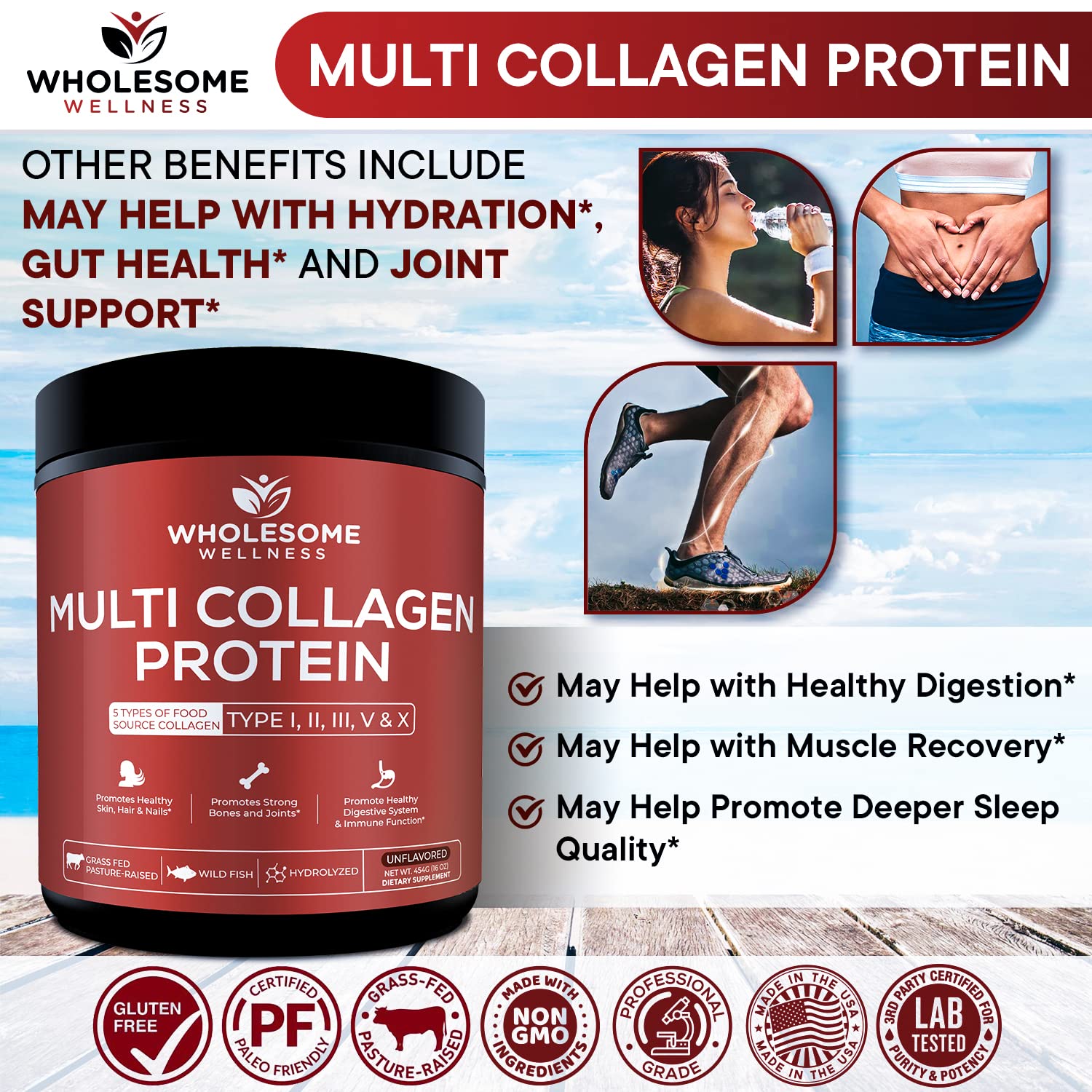 Wholesome Wellness Premium Multi Collagen wild-caught fish source emphasizes purity in sourcing.