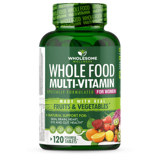 Wholesome Wellness Women's multivitamin tablets in bottle for convenient daily wellness.