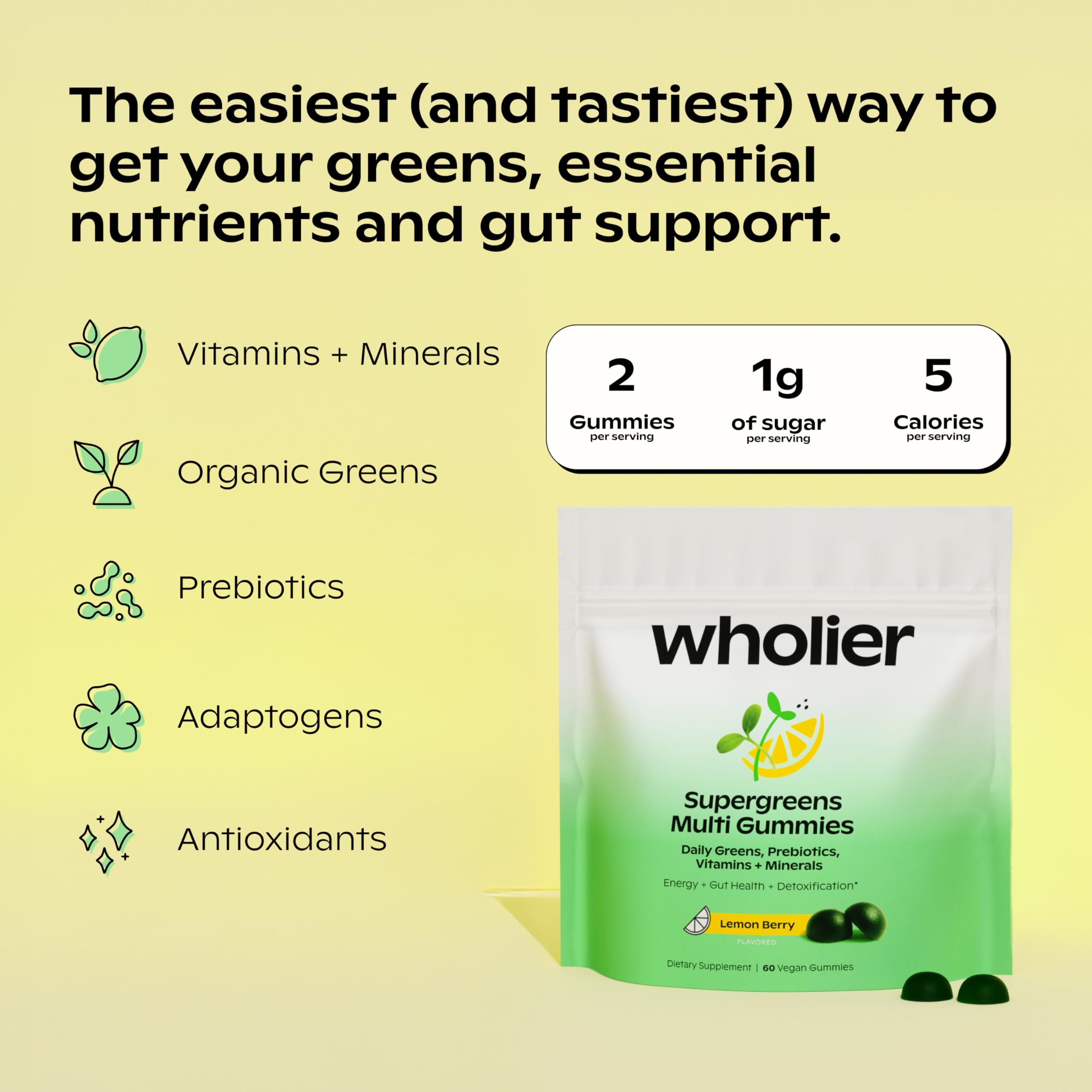 Wholier Daily Supergreens bottle with organic greens and adaptogens for vitality