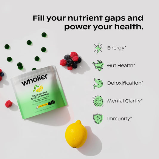 Wholier Daily Supergreens label showing nutrition details for a 30-day supply