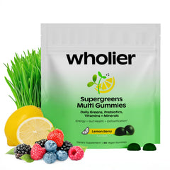 Wholier Daily Supergreens Gummies packaging highlighting vegan vitamins for daily energy