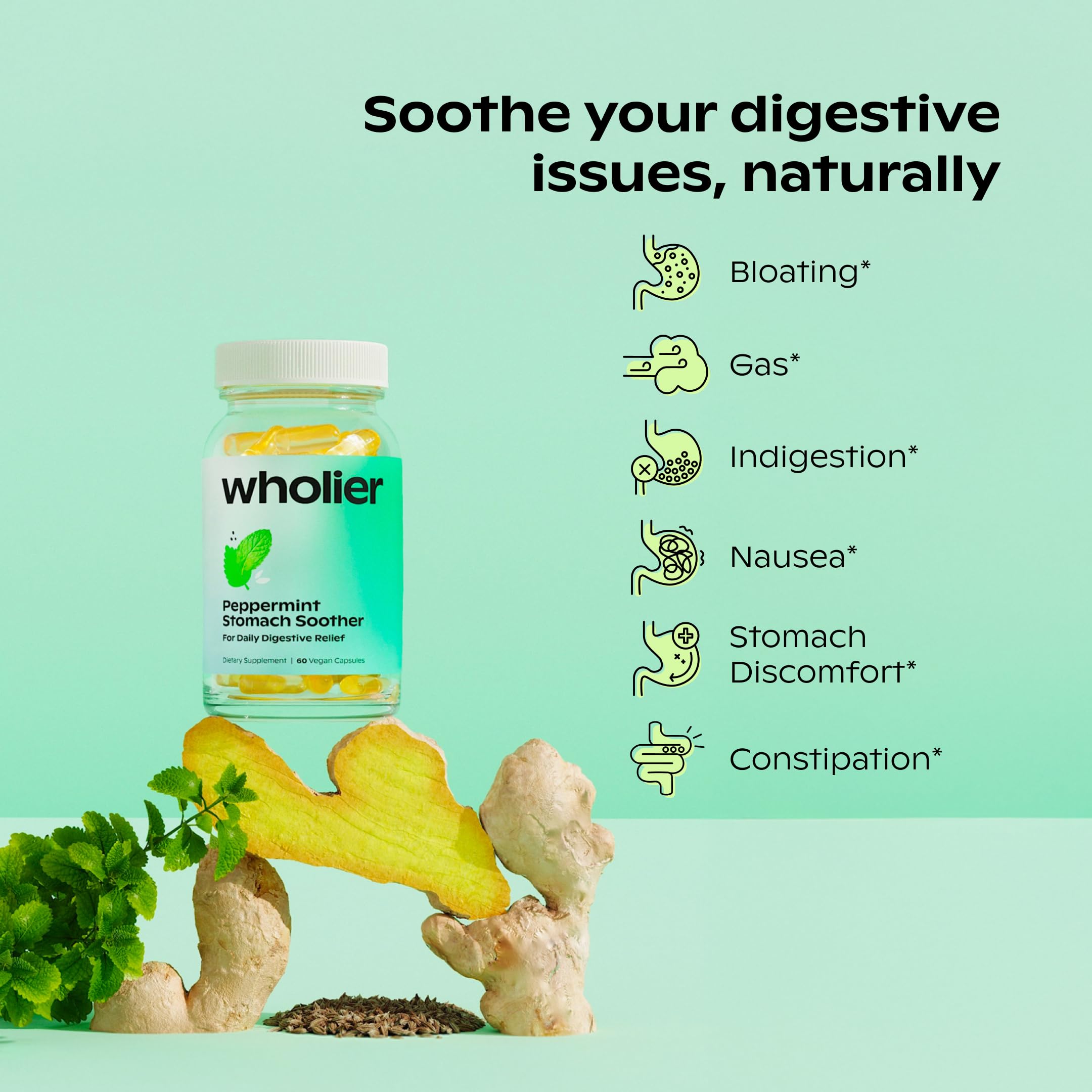 Wholier ginger root oil bottle supports gentle gut comfort.